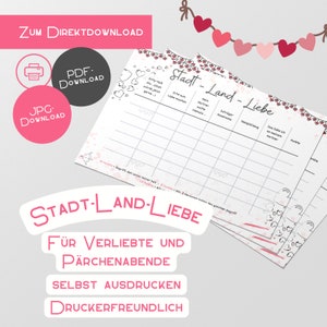 Valentinstag Geschenk Stadt Land Fluss Spiel zum Ausdrucken Stadt-Land-Liebe PDF Jahrestag Pärchenabend Spieleabend Geschenk für Ihn