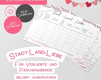 Valentinstag Geschenk Stadt Land Fluss Spiel zum Ausdrucken Stadt-Land-Liebe PDF Jahrestag Pärchenabend Spieleabend Geschenk für Ihn