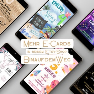 May include: A collection of digital invitation cards for various events, including a school reunion, a birthday party, a laser tag party, a 40th birthday celebration, and a pirate-themed party. The cards feature colorful illustrations and text in German.
