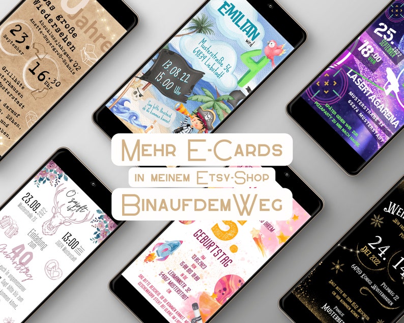 May include: A collection of digital invitation cards for various events, including a school reunion, a birthday party, a laser tag party, a 40th birthday celebration, and a pirate-themed party. The cards feature colorful illustrations and text in German.
