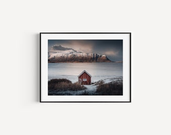 Impression de cabane rouge | Affiche des Lofoten | Norvège Lofoten Imprimer | Impression du pic des Lofoten | Art mural Norvège