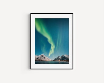 Impression des aurores boréales des Lofoten | Affiche des Lofoten | Norvège Lofoten Imprimer | Impression du pic des Lofoten | Art mural aurores boréales de Norvège