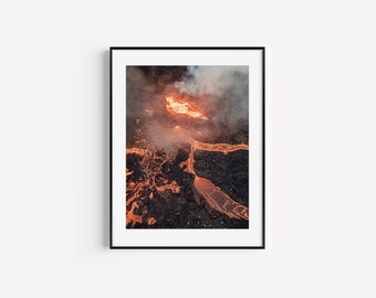 Impression de drone d’éruption | Affiche du volcan | Islande Imprimer | Impression d’éruption | Art mural aérien d’Islande