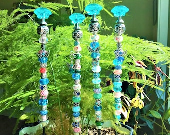 Beaded Fairy Garden Stakes/Totems with Murano Glass Beads in Blues and Pinks, Turquoise Finials and Glass Angel Charms/Sold Individually