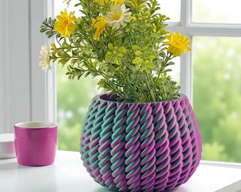 Twisted Rope Texture Planter – 3D Printed Round Plant Pot with Drainage | Color-Shifting Succulent Vase (Small to XL)