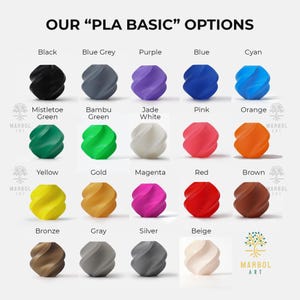 May include: A color chart showing 16 different PLA filament colors for 3D printing. The colors are arranged in four rows of four. The colors are: Black, Blue Grey, Purple, Blue, Cyan, Mistletoe Green, Bambu Green, Jade White, Pink, Orange, Yellow, Gold, Magenta, Red, Brown, Bronze, Gray, Silver, and Beige.