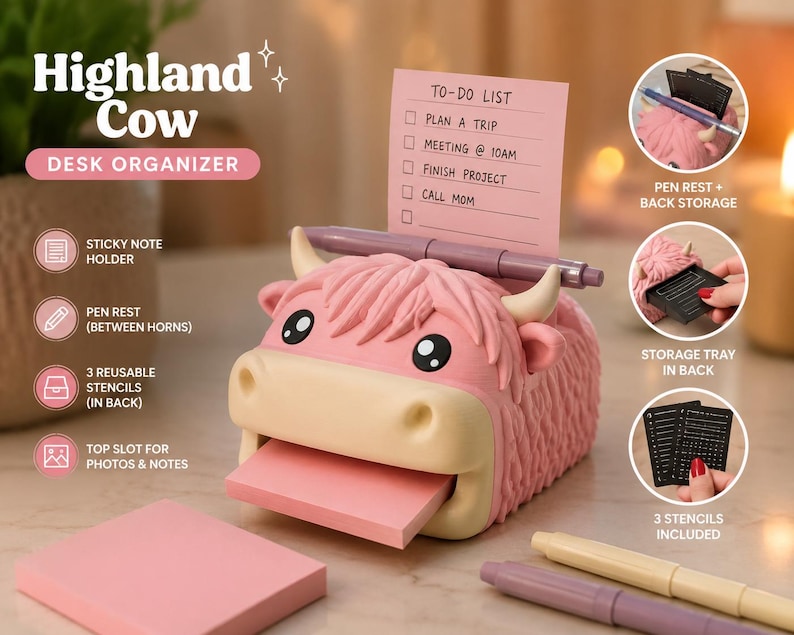 May include: A pink Highland Cow desk organizer featuring a slot for sticky notes, a pen rest between the horns, and a rear storage tray. The organizer includes three reusable stencils and a top slot for photos and notes, with text reading Highland Cow.