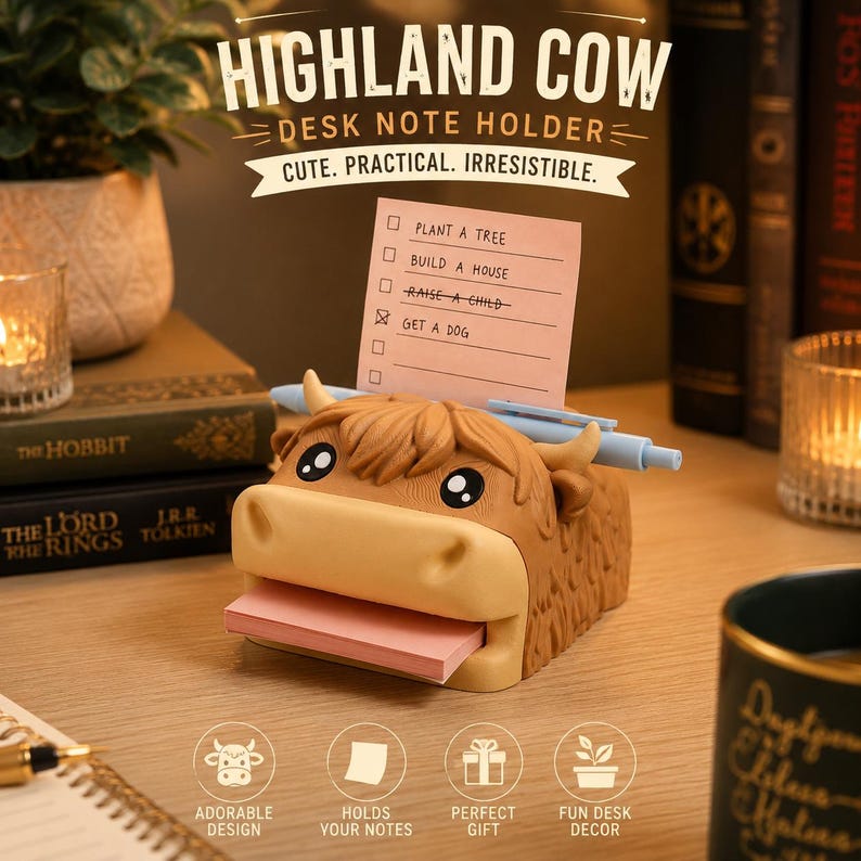 May include: A brown Highland cow desk note holder featuring a light tan muzzle, black and white eyes, and horns. It holds a stack of pink sticky notes in its mouth and a light blue pen across its head. A pink note with the text "PLANT A TREE", "BUILD A HOUSE", "RAISE A CHILD", and "GET A DOG" is inserted into the top.