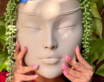 3D Printed Head Planter: Modern Woman Face Wall Vase