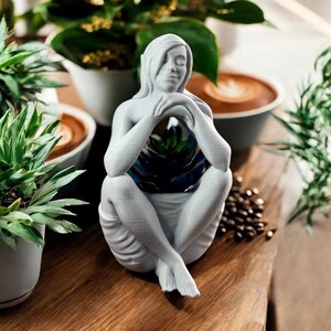 Puede incluir: Una escultura gris claro de una figura sentada con las manos entrelazadas. El torso de la figura es hueco, revelando una planta suculenta. La escultura está sobre una superficie de madera, con café y plantas en el fondo.