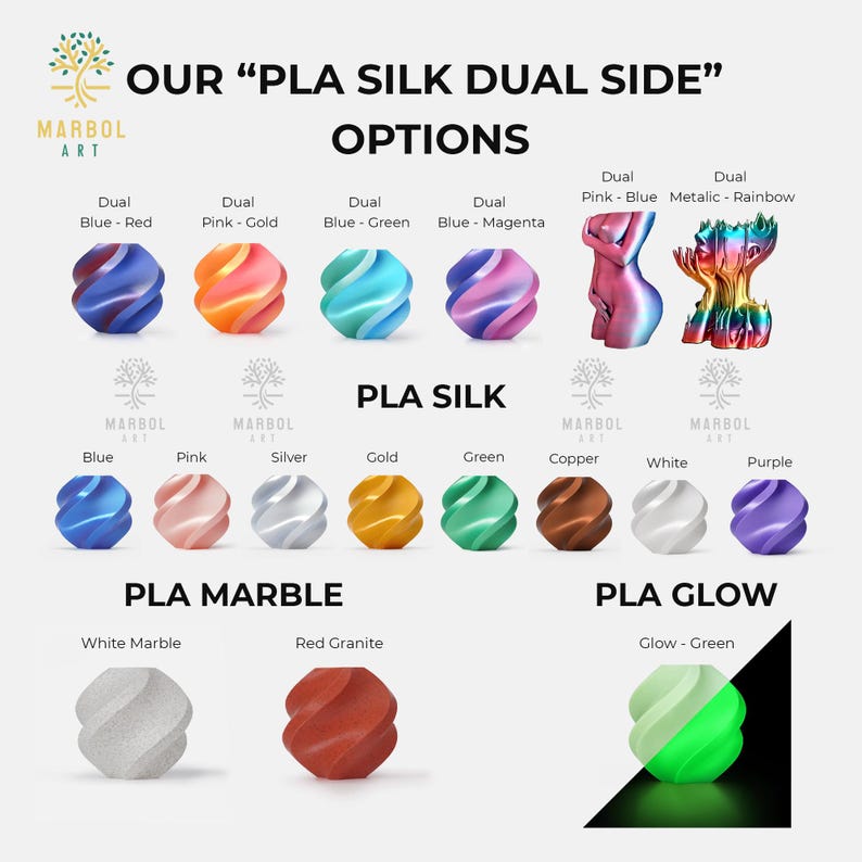 May include: A chart showing different color options for PLA filament, including dual-color options, PLA silk, PLA marble, and PLA glow. The chart includes a variety of colors, such as blue, red, pink, gold, green, copper, white, purple, and black.