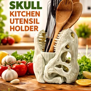 T-Rex Skull Kitchen Utensil Holder – 3D Printed Dinosaur Organizer | Unique Jurassic Decor for Kitchen | Chef & Dino Lover Gift