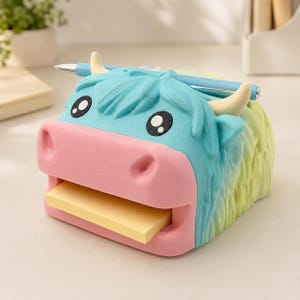 May include: A desk organizer shaped like a cow with a blue and green gradient body, a pink snout, and two cream-colored horns. The cow features large black eyes and holds a light blue pen across its head, with a stack of yellow sticky notes in its mouth.