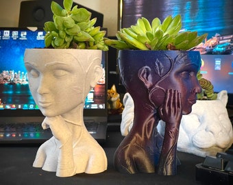 Woman Head Planter: Metallic 3D Printed Indoor Plant Pot