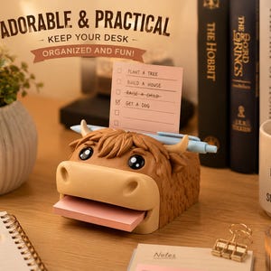 May include: A brown Highland cow-shaped desk organizer featuring a slot for a light blue pen and a dispenser for pink sticky notes. A pink notepad with the text "PLANT A TREE, BUILD A HOUSE, RAISE A CHILD, GET A DOG" is inserted into the top of the cow.