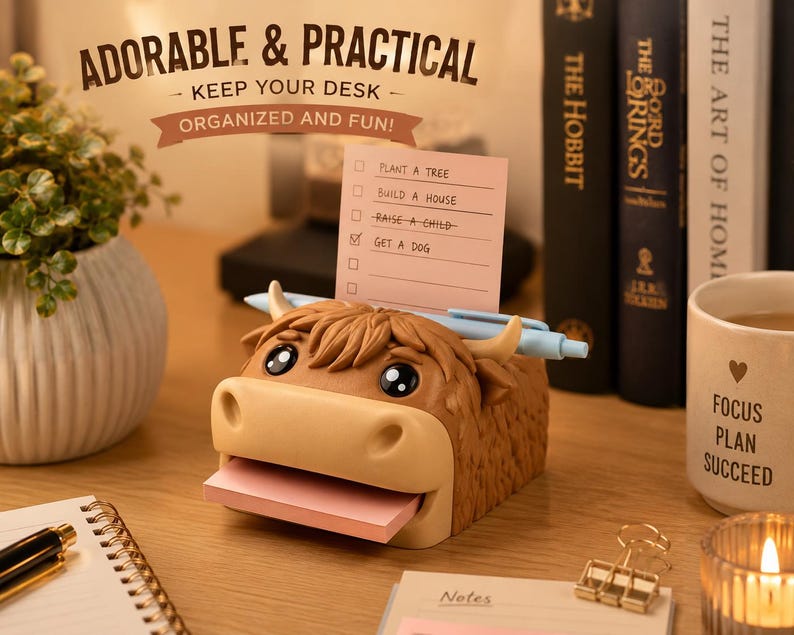 May include: A brown Highland cow-shaped desk organizer featuring a slot for a light blue pen and a dispenser for pink sticky notes. A pink notepad with the text "PLANT A TREE, BUILD A HOUSE, RAISE A CHILD, GET A DOG" is inserted into the top of the cow.