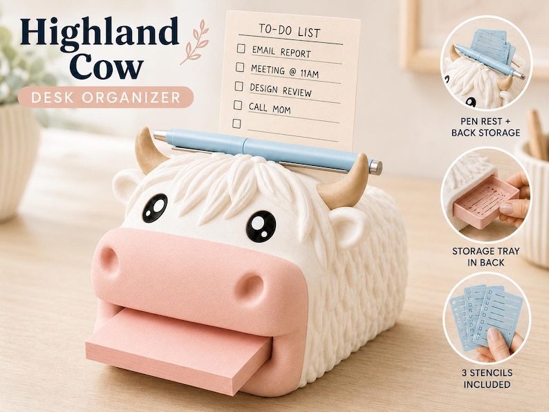 May include: A white and pink Highland cow desk organizer featuring a textured coat, tan horns, and black eyes. The organizer holds a light blue pen across the top and a stack of pink sticky notes in the mouth, with a to-do list card displayed behind.