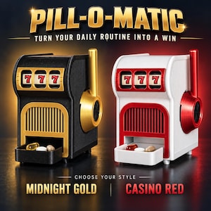 May include: Two slot machine-style pill dispensers labeled PILL-O-MATIC. One is black with gold accents, the other is white with red accents. Both feature a lever, a display showing 777, and a small tray at the bottom containing various pills.
