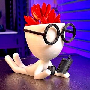 May include: A white ceramic planter shaped like a person wearing black-rimmed glasses and holding a book. The planter has red flowers growing out of the top of its head.