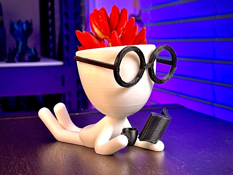 May include: A white ceramic planter shaped like a person wearing black-rimmed glasses and holding a book. The planter has red flowers growing out of the top of its head.
