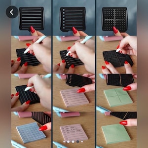 May include: A set of three black plastic stencils for note-taking, featuring horizontal lines, a checklist format, and a dot grid pattern. These tools are used to guide writing on square sticky notes in light blue, pink, and light green colors.
