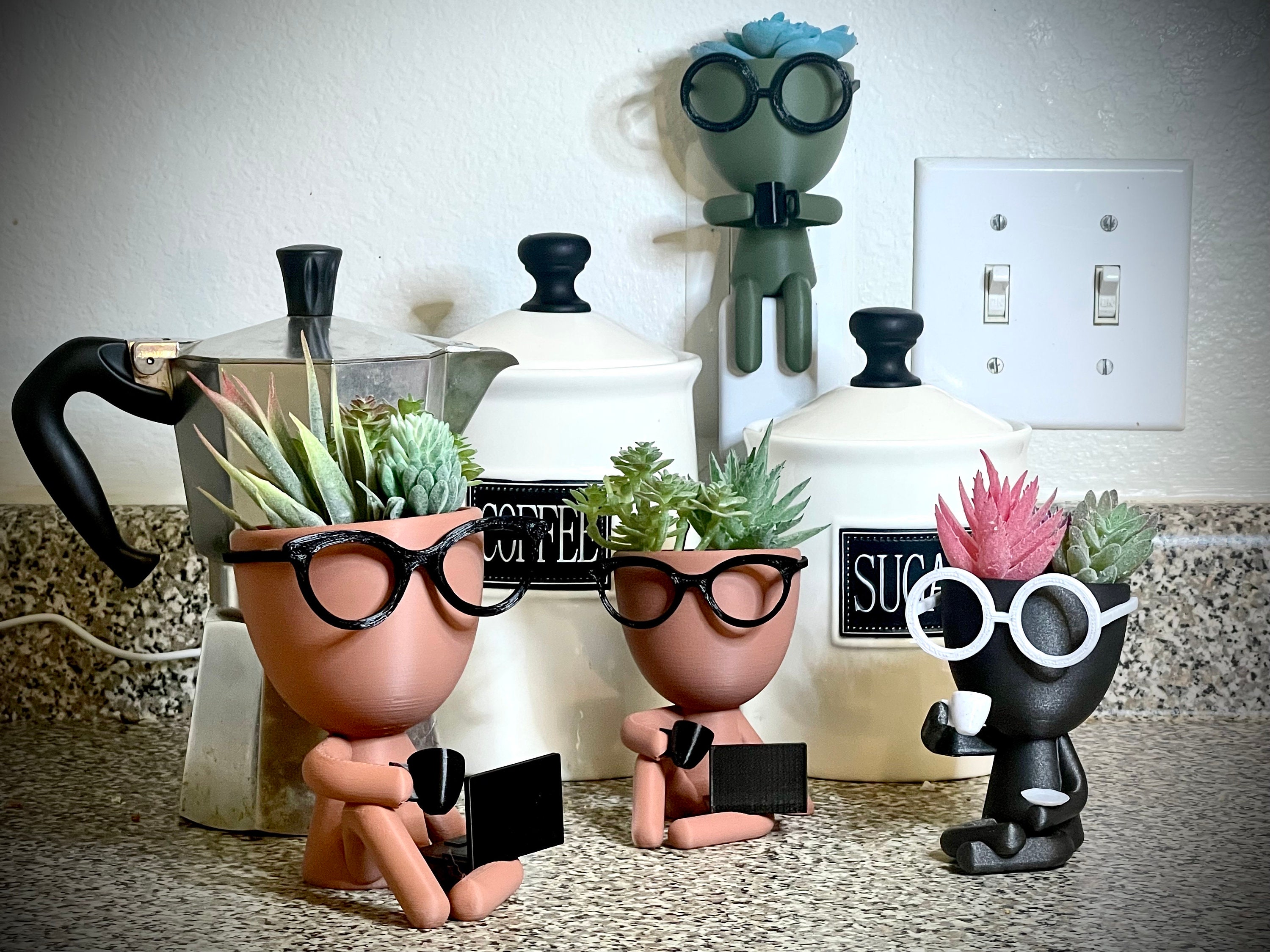 Little People Coffee Time,  Succulent Planter, bicycle Planter - Plat Pot with Drainage - People Planter - Cute Planter