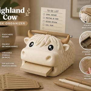 May include: A cream-colored Highland cow desk organizer featuring a top slot for notes, a pen rest between the horns, and a rear storage tray. The organizer includes three brown stencils and holds a sticky note pad in its mouth area.