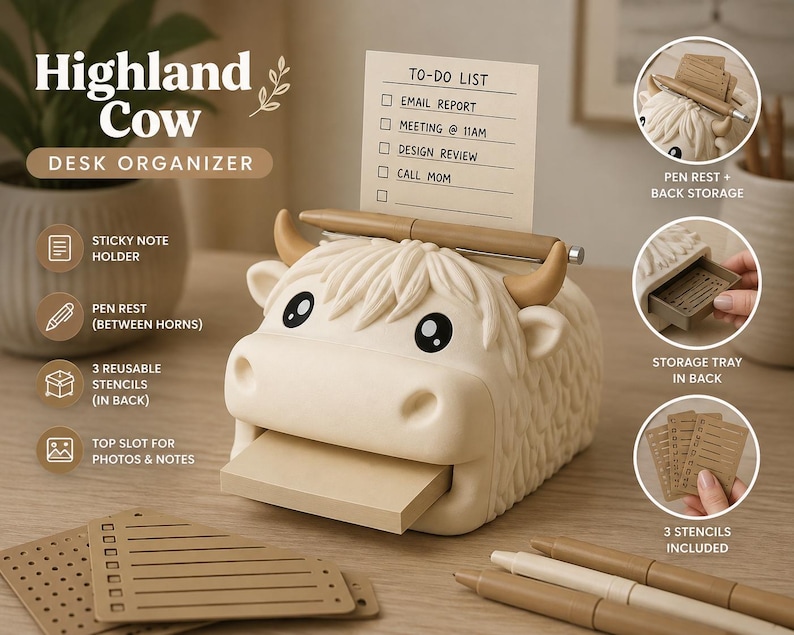 May include: A cream-colored Highland cow desk organizer featuring a top slot for notes, a pen rest between the horns, and a rear storage tray. The organizer includes three brown stencils and holds a sticky note pad in its mouth area.