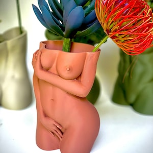 K&ouml;nnte beinhalten: Eine terracottafarbene Keramikvase in Form eines weiblichen Torsos mit einer blauen Sukkulente und einer roten Blume darin.