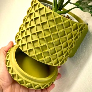 Könnte beinhalten: Ein grüner, geometrischer Pflanztopf mit abnehmbarem Deckel. Der Topf besteht aus einem strukturierten Material und hat ein Waffelmuster.
