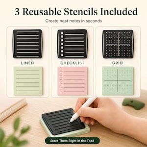 May include: Three black reusable stencils for note-taking, labeled Lined, Checklist, and Grid. The stencils are shown with corresponding paper samples in light green and pink. A hand uses a white pen with a black lined stencil on a square note.