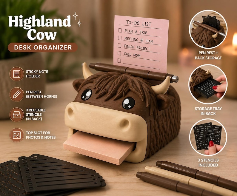 May include: A brown Highland cow desk organizer featuring a top slot for a pink to-do list, a pen rest between the horns, and a rear storage tray. The set includes three black reusable stencils and a brown pen. The organizer has a textured finish.