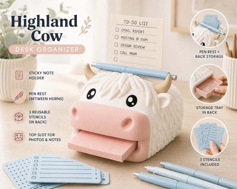 May include: A white and pink Highland cow desk organizer featuring a slot for sticky notes, a pen rest between the horns, and a storage tray in the back. The organizer includes three blue reusable stencils and holds a to-do list note.