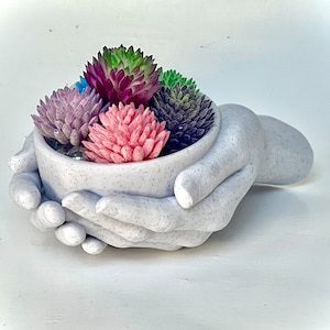 May include: White ceramic hands holding a planter with a variety of colorful artificial succulents. The planter is speckled with white flecks.