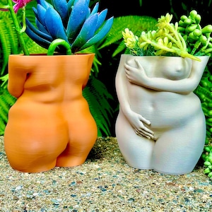 Shy Woman Empowering Body Positive Planter Set - 3D Printed Bioplastic, Drainage Included, Inclusive Decor Gift