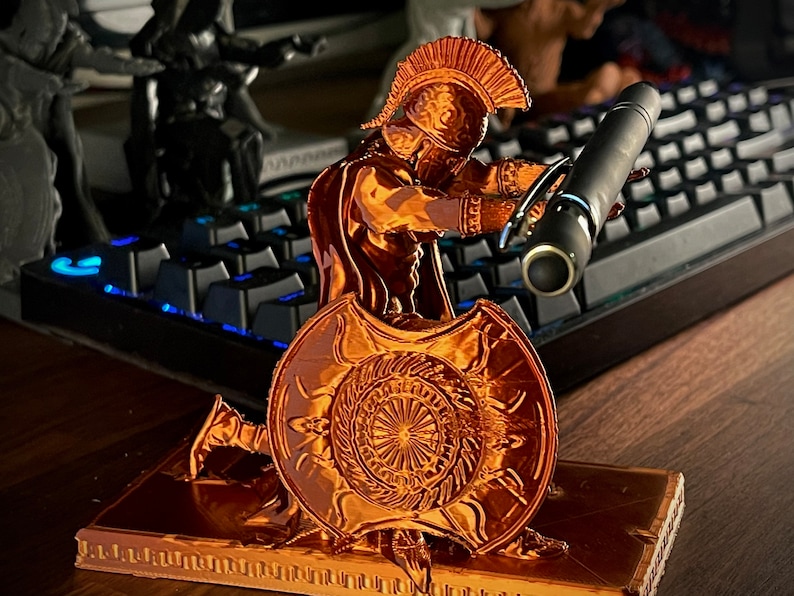 3D Printed Spartan Warrior Pen Holder: Antique Bronze Desk Decor Bronze