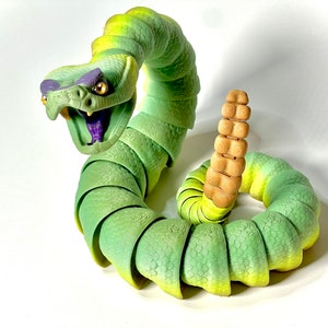 Rattlesnake Snake 3d Printed Articulated snake Flexible  Fidget Toy head hand painted