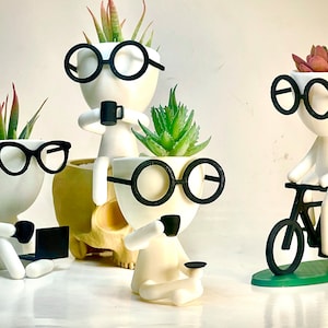 Little People Coffee Time,  Succulent Planter, bicycle Planter - Plat Pot with Drainage - People Planter - Cute Planter, teacher gifts