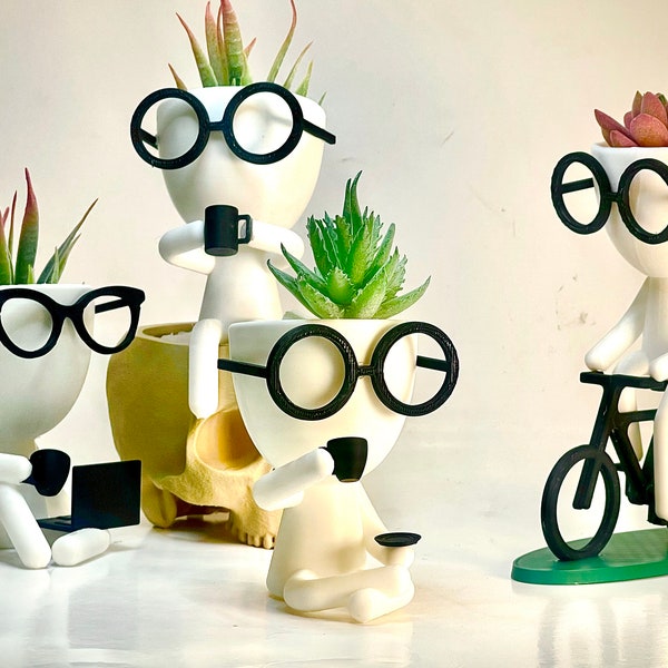 Little People Coffee Time,  Succulent Planter, bicycle Planter - Plat Pot with Drainage - People Planter - Cute Planter
