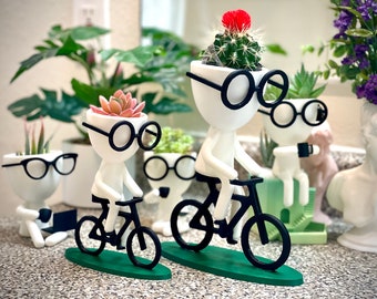 Little People bicycle rider , Coffee Time,  Succulent Planter, bicycle Planter - Plat Pot with Drainage - People Planter - Cute Planter