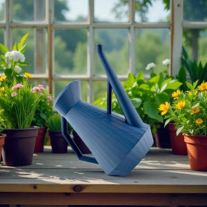 May include: A blue watering can with a long spout and a geometric design. The watering can is made of a solid material and is sitting on a wooden surface. The background features potted plants and a window.