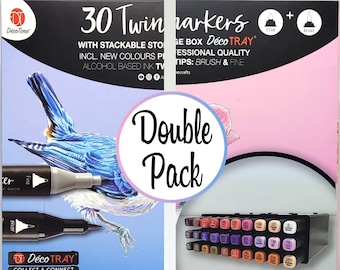 Double Pack 30 Twinmarkers - Boîte de Rangement Empilable (Fin & Pinceau) - DécoTime