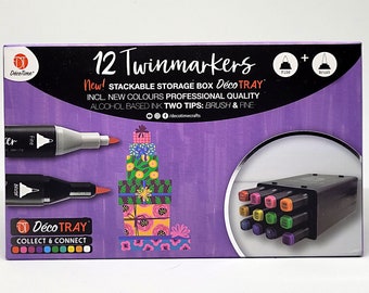 12 Twinmarkers - (Fin & Brush) Boîte de Rangement Empilable - DécoTime