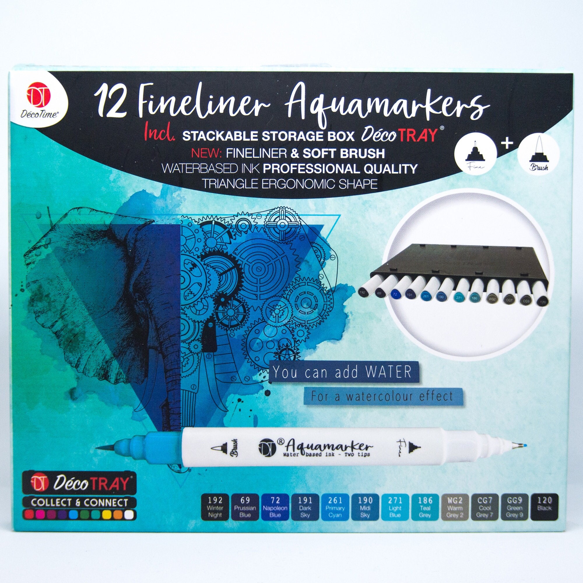 12 Aquamarkers Fineliner & Soft Brush Boîte de Rangement Empilable