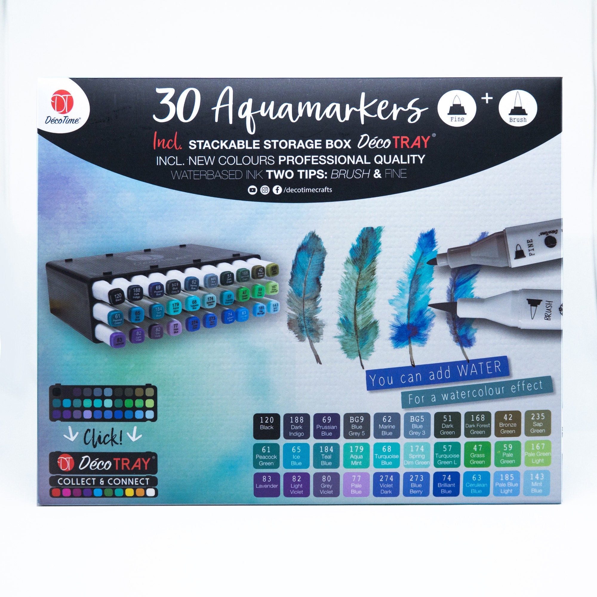 30 Aquamarkers - (Fine & Brush) Stackable Storage Box - DécoTime