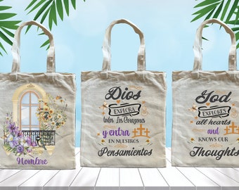 Personalized Canvas tote bag Religious in English and Spanish   double sided print