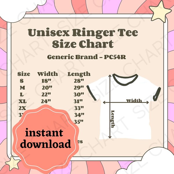 Ringer Tee Size Chart, Generic Brand PC54R size chart, Size Guide, Size chart for Unisex Ringer tee, Retro Aesthetic