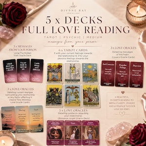 May include: A collection of tarot and oracle cards for a love reading, including 6 tarot cards, 3 Hidden Truth cards, 3 Lovers Oracle cards, 3 Island Time Wellness cards, and 3 Romance Angel cards, with text detailing the reading components.