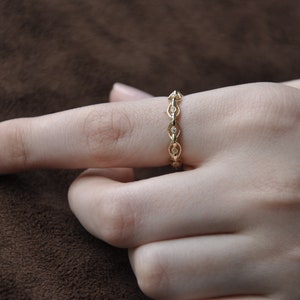 14k massiver einzigartiger Goldkettenring, offene Gliederring, Gliederketten-Designring, Zirkon-Goldring, zierliches Geschenk für sie, minimalistischer Alltagsring