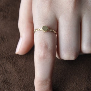 14k Solid Gold Tiny Circle Ring, Personalized Plain Signet Ring, Dainty Ring, Minimalist Chain Link Ring, Delicate Oval Initial jewelry image 2